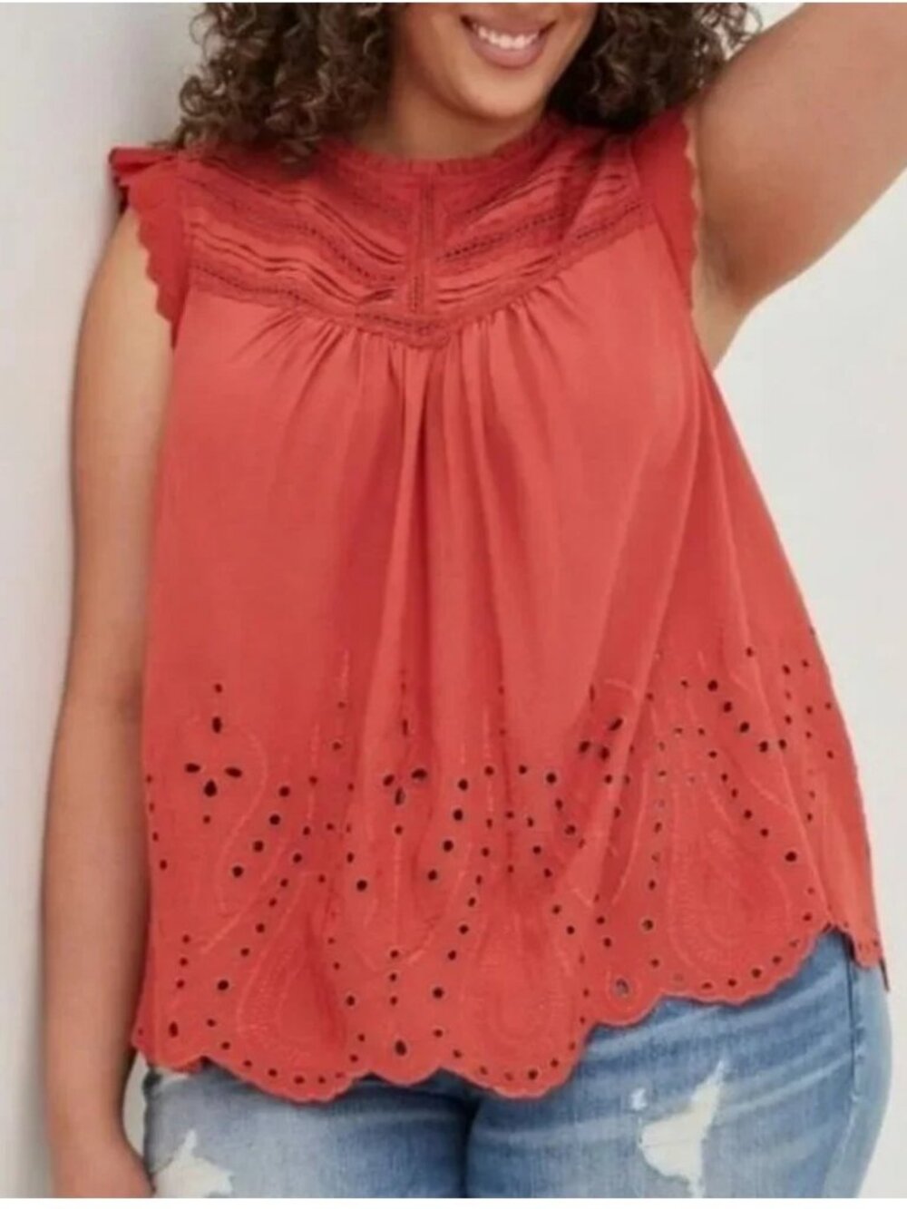 Torrid Eyelet Pintuck Detail Top Size 2X Rust Orange High Neck Crochet Bohemian